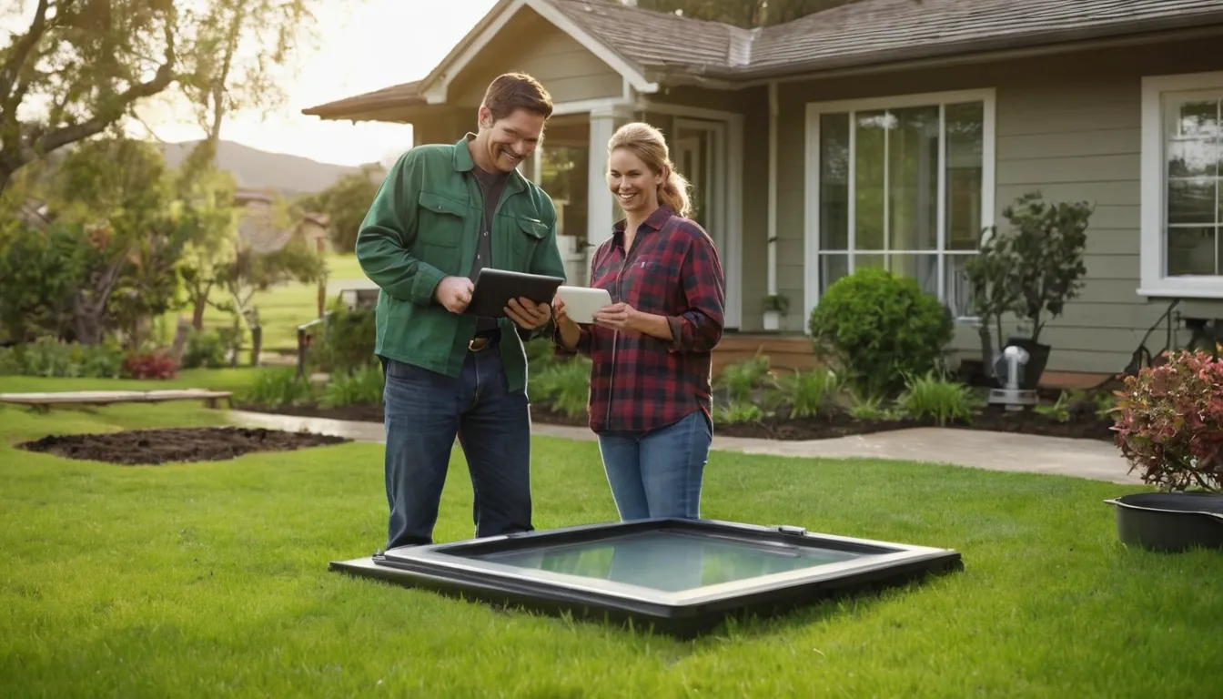Friendly septic provider and a homeowner talking beside an open tank lid in the yard of an older frame house in Salem Lakes