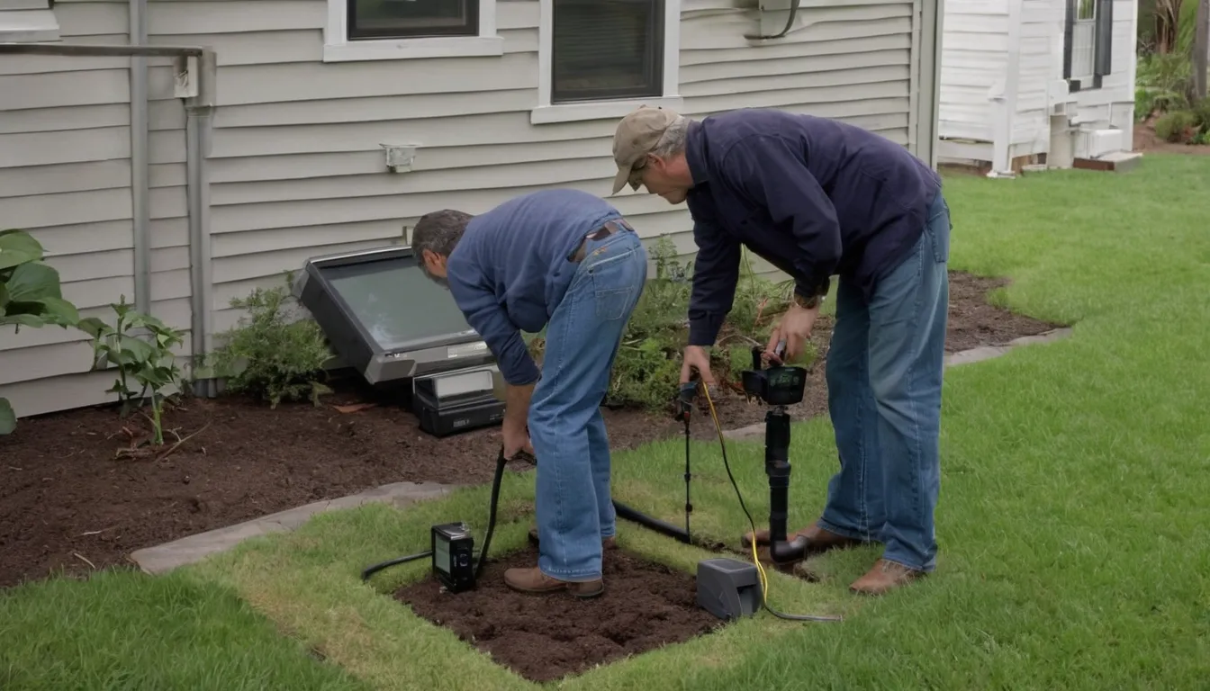 A friendly local sewer line provider and a homeowner reviewing a camera inspection screen beside an older house in Salem Lakes